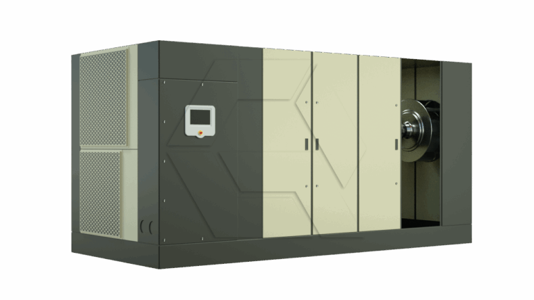 A large industrial machine with beige and dark gray panels, ventilation grills on one side, a control panel with a screen, and a visible cylindrical metal component.
