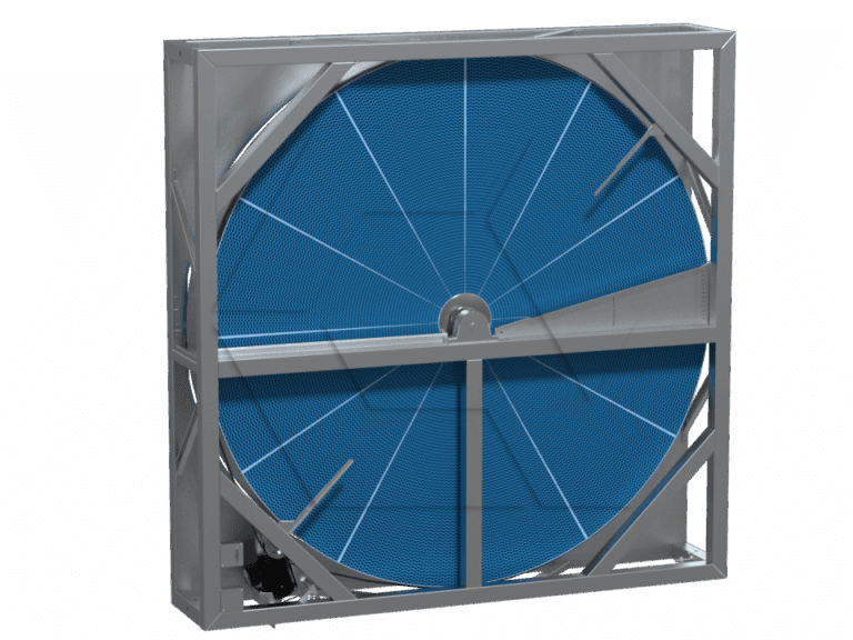 A large industrial rotary heat exchanger with a blue circular core and silver metal frame, designed for ventilation and energy recovery in commercial HVAC systems.