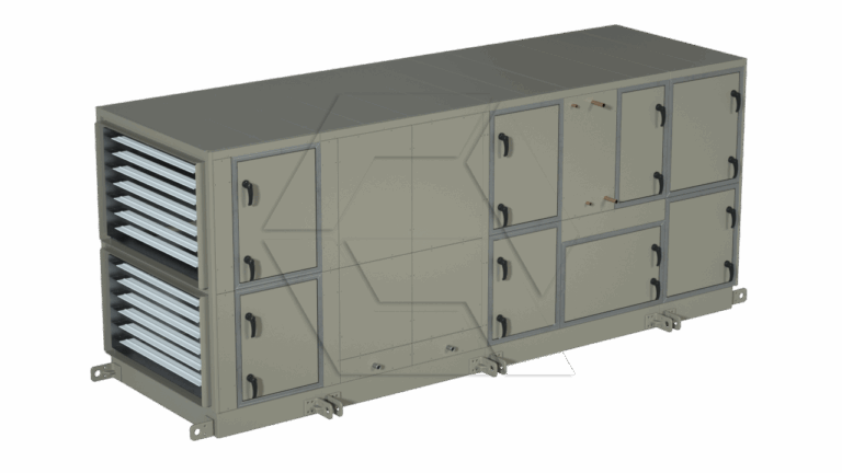 A large Equipment Library -Air Units industrial HVAC system featuring multiple access panels and louvered vents on one end, designed for efficient air handling and ventilation in commercial or industrial settings.