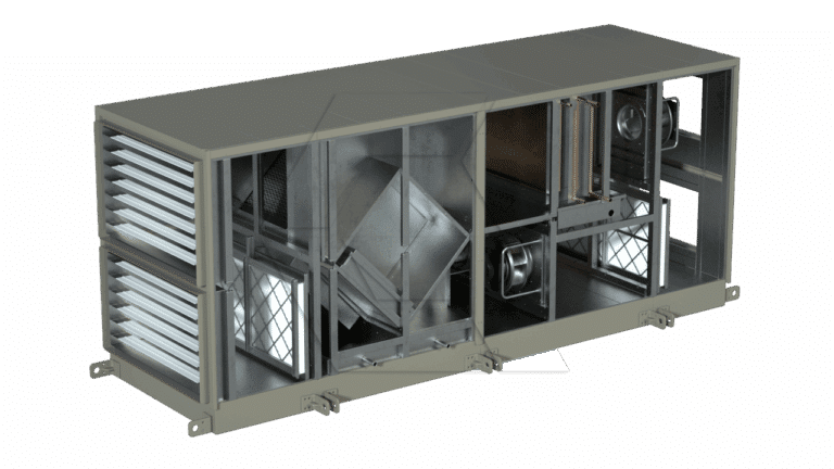A cutaway view of a large industrial HVAC unit from the Equipment Library - Air Units, showing internal components such as filters, fans, a heat exchanger, and ductwork inside a rectangular metal casing.