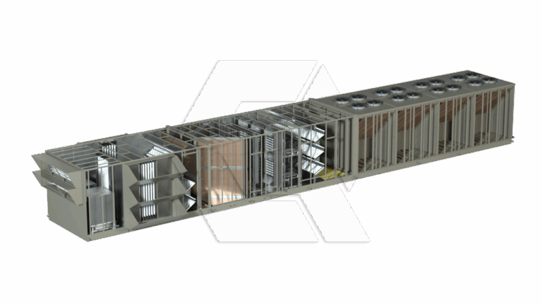 A large industrial HVAC air handling unit with multiple compartments, visible internal components like fans, filters, coils, dampers, and ventilation panels, all housed in a long rectangular metal casing.