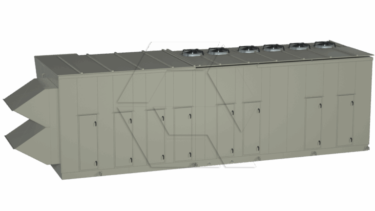 A large, rectangular industrial HVAC unit with multiple access panels and four circular exhaust fans on top. The unit features two angled air vents on one end. The structure is gray and metallic.