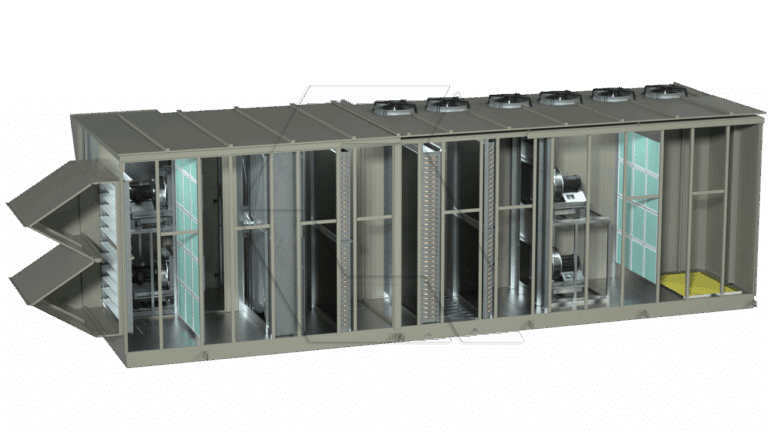 A cutaway view of a large industrial HVAC air handling unit, showing internal components such as filters, fans, coils, and duct connections, with multiple compartments and four fans on the roof.