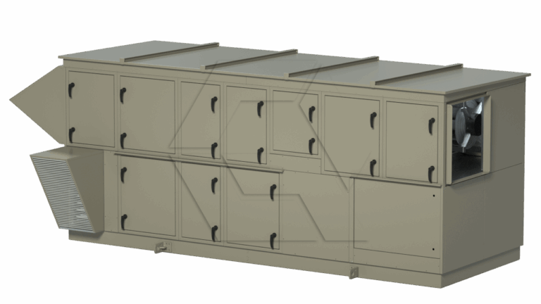 A large, rectangular HVAC air handling unit with multiple access doors, a vent on one end, and a visible fan on the right side, all in a beige color.
