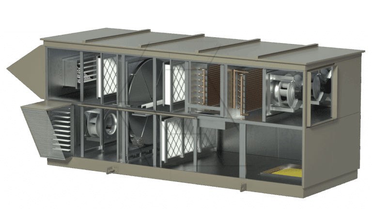 A large industrial HVAC air handling unit is shown in a cutaway view, revealing internal components such as filters, fans, coils, dampers, and ducts arranged in separate compartments.