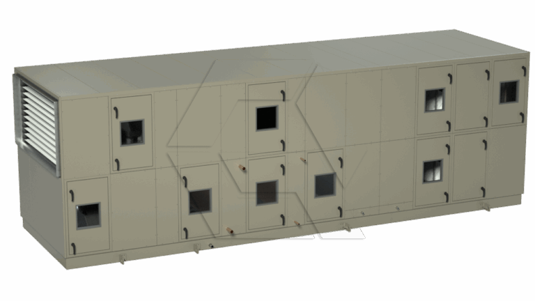 A large, rectangular industrial HVAC unit with multiple access panels and small windows, painted beige, featuring a vented section on one end, set against a plain white background.