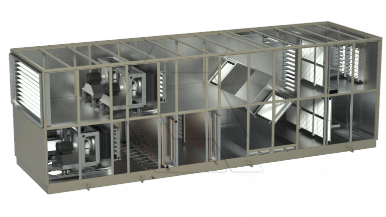 Cutaway view of a large industrial HVAC air handling unit showing internal components, including fans, filters, ducts, coils, and structural framework, with a metallic exterior and visible airflow pathways.