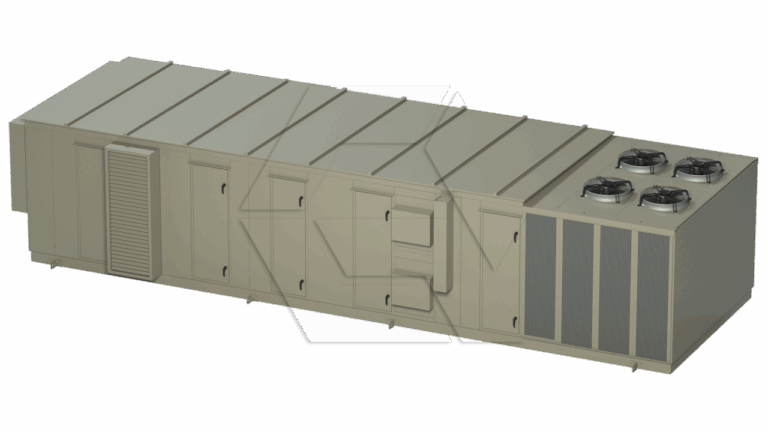 A large industrial rooftop HVAC unit with multiple vents, access panels, and four cooling fans on the right side, designed for commercial air conditioning and ventilation.