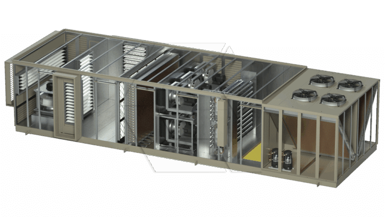 A cutaway view of a large industrial HVAC unit shows internal components, including fans, filters, coils, mechanical parts, and cooling systems with visible ventilation ducts and external cooling fans.