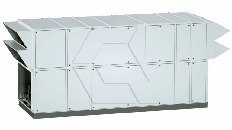 A large, rectangular industrial HVAC unit with metal panels, air vents on the left and right sides, and a flat top, designed for ventilation or air handling in large buildings.