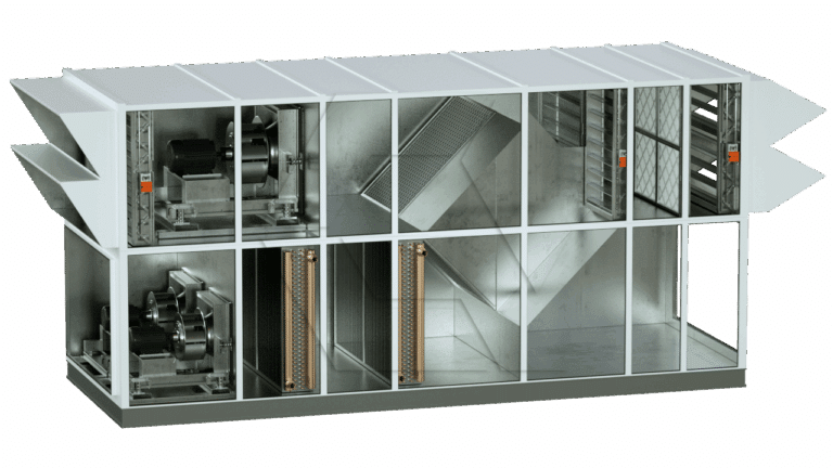 A cutaway view of a large industrial air handling unit showing internal components such as fans, filters, coils, dampers, and ductwork in separate compartments for ventilation and air conditioning.