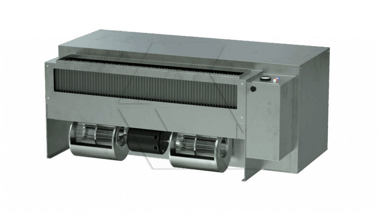 A large, rectangular industrial air curtain unit made of stainless steel with dual cylindrical fans visible at the bottom and a control panel on the right side.