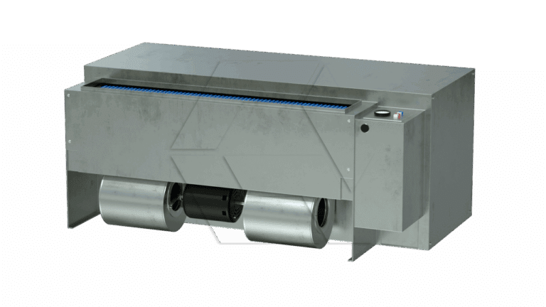 A stainless steel industrial machine with two large rollers at the base, a blue conveyor belt on top, and control buttons on the right side. The machine has a rectangular, metallic build.
