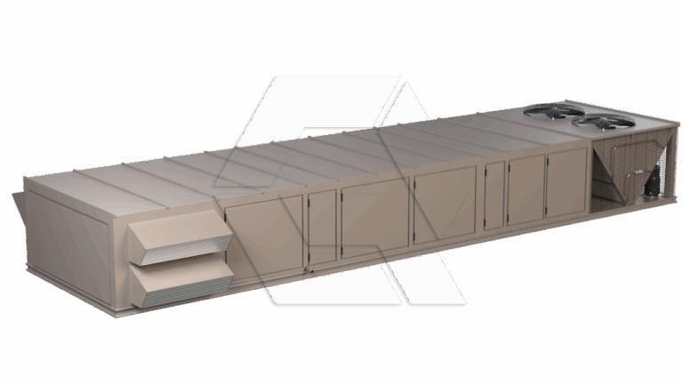 A large, rectangular rooftop HVAC unit with metal vents on one end, multiple access panels along the side, and dual cooling fans on the opposite end, set against a plain white background.