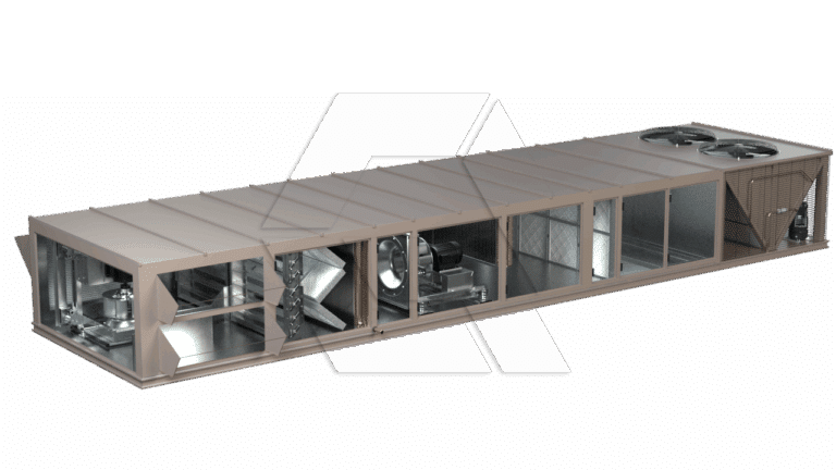 A large, rectangular industrial HVAC air handling unit is shown with its metal exterior partially cut away, revealing internal fans, coils, filters, and components. Two condenser fans are visible on top at one end.