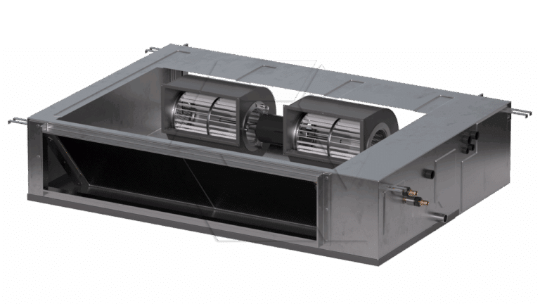 A rectangular metal HVAC fan coil unit with dual cylindrical fans and visible wiring and piping connections, designed for ceiling installation in climate control systems.