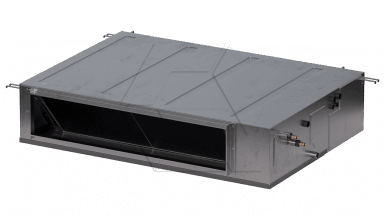 A rectangular, metal air conditioning duct unit with a large open vent at the front and visible copper pipes on the side, designed for ceiling installation in HVAC systems.