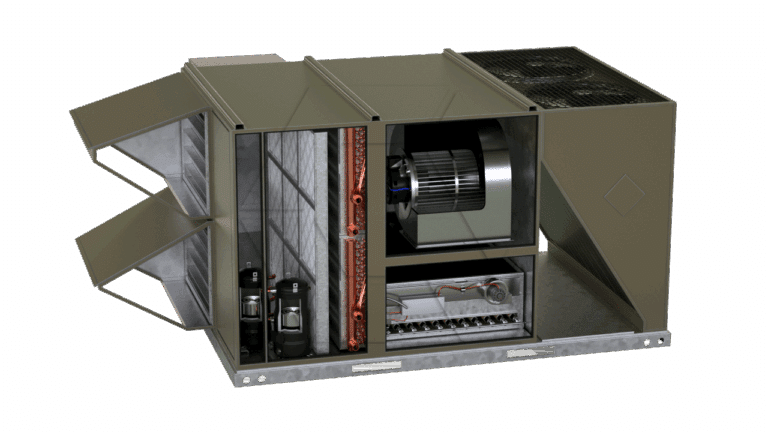 A cutaway view of a large HVAC rooftop unit showing internal components including compressors, filters, coils, a blower fan, and ductwork, all housed in a rectangular metal casing.
