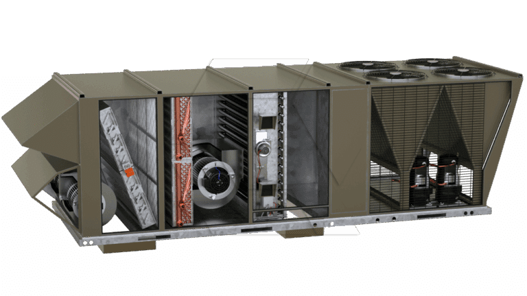 A large, industrial rooftop HVAC unit with its panels removed, revealing internal components like fans, coils, filters, compressors, and ductwork. The unit is metal, rectangular, and has several exhaust fans on top.