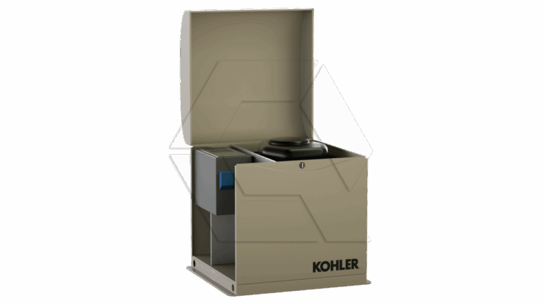 A beige, box-shaped device with a hinged lid open to reveal internal components; the front displays the "Kohler" logo in black text.
