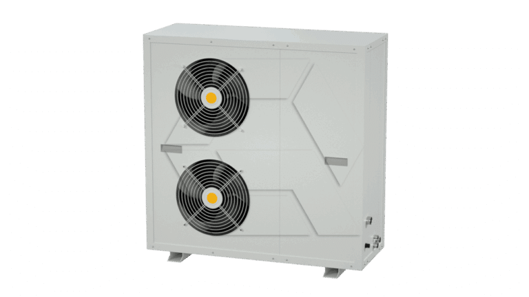 A rectangular gray metal unit with two large black circular fans on the front, each with a yellow center, standing on four short legs against a plain white background.