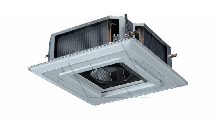 A ceiling-mounted cassette air conditioning unit with visible vents and exposed internal components, including coils and pipes, against a plain white background.
