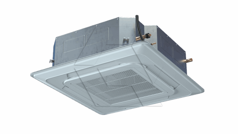 A ceiling-mounted cassette air conditioner unit with a white vent panel and a metallic box housing, shown against a plain light background. Copper pipes and electrical wiring are visible on the side.