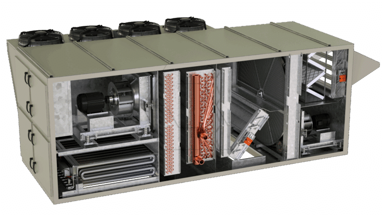 A cutaway view of an industrial HVAC unit reveals internal components, including fans, coils, filters, ducts, and wiring, showing the airflow and cooling/heating mechanisms inside the metal enclosure.