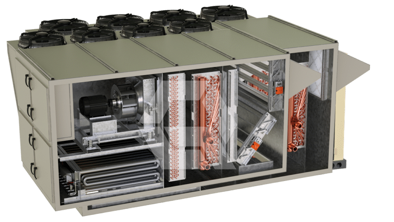 A cutaway view of an industrial air handling unit, showing internal components like fans, coils, filters, and ducts, with several black fans mounted on the top.