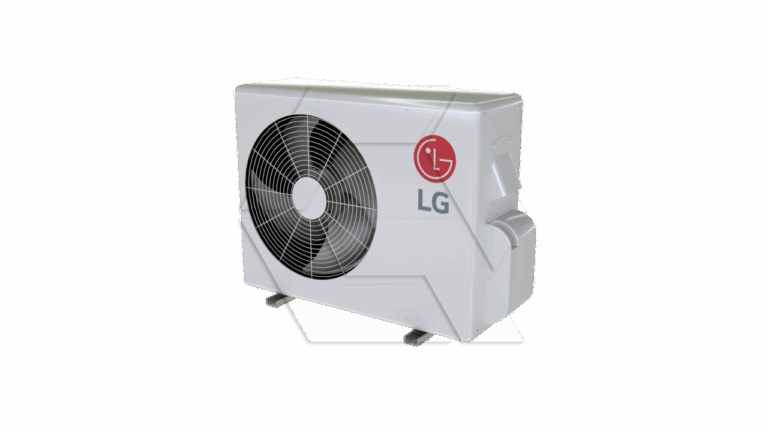 A white outdoor LG air conditioning unit with a large circular fan and the red LG logo on the side, standing on two small legs against a plain white background.