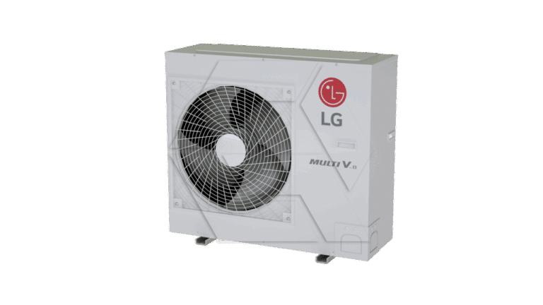 A white LG outdoor air conditioning unit with a large fan and protective grille on the front, labeled "MULTI V 5" and featuring the red LG logo in the top right corner.