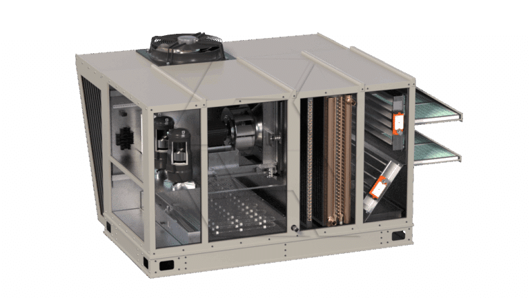 Rectangular HVAC unit with a visible fan on top, open side panels showing internal components like compressors, coils, filters, and control devices, all arranged in metal compartments.