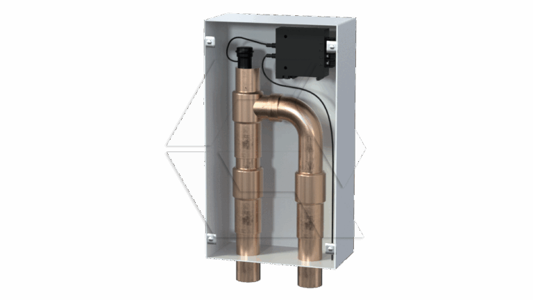 Metallic box with two vertical copper pipes and one curved horizontal pipe inside, connected to a black electronic component mounted in the upper right corner of the box.