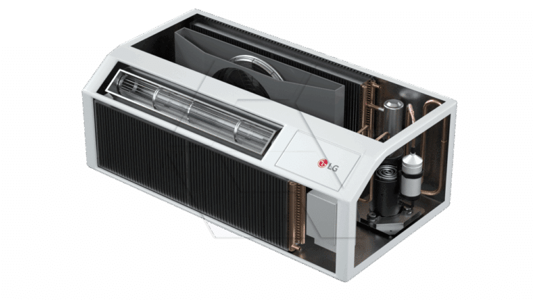 A cutaway view of an LG air conditioning unit showing internal components, including coils, compressor, and fan, with a visible LG logo on the casing.