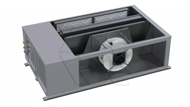 A rectangular HVAC air handling unit with a visible fan, coiled pipes, and air filters, all housed in a gray metal casing, viewed from an elevated angle against a plain background.