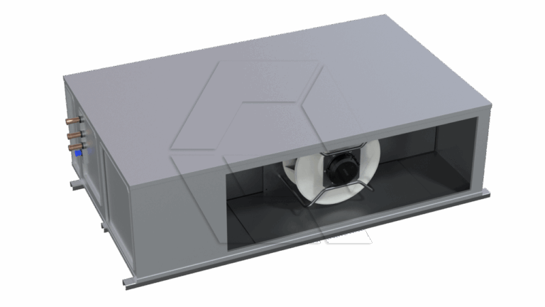A rectangular, gray HVAC fan coil unit with visible fan and wiring inside an open section, and pipes extending from one side, isolated on a white background.