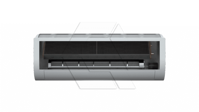 A wall-mounted air conditioner with the front cover removed, exposing internal components such as the evaporator coils and blower fan, against a plain white background.