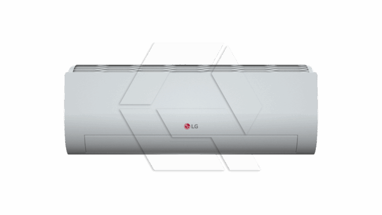 A white LG wall-mounted air conditioner unit with a minimalistic design is shown against a plain background.