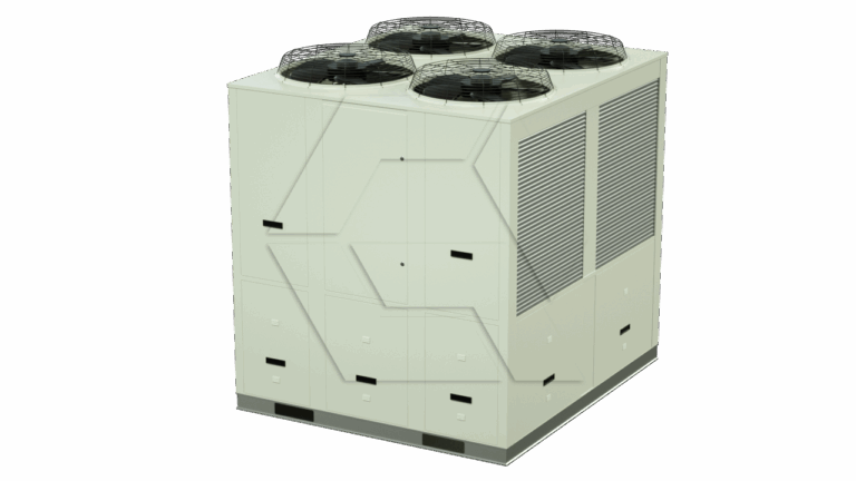 A large, square industrial HVAC unit with four black circular fans on top and ventilation grilles on the side, standing on a grey base against a plain white background.