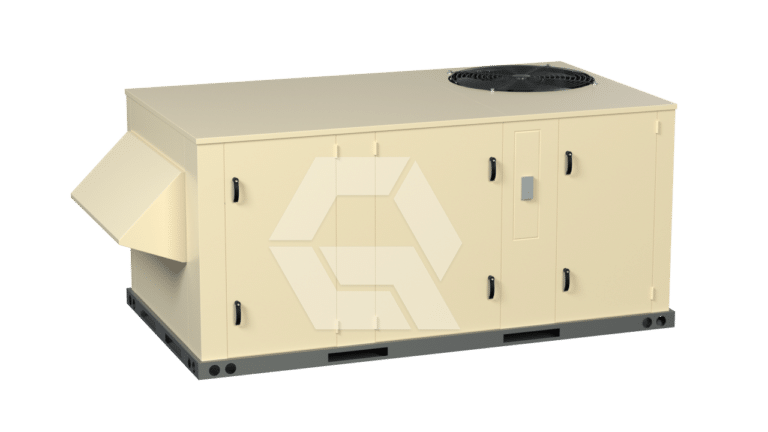 A beige industrial HVAC unit with a vent on the left side, a circular fan on top, and multiple access doors on the front. The unit has a geometric logo on the front panel.