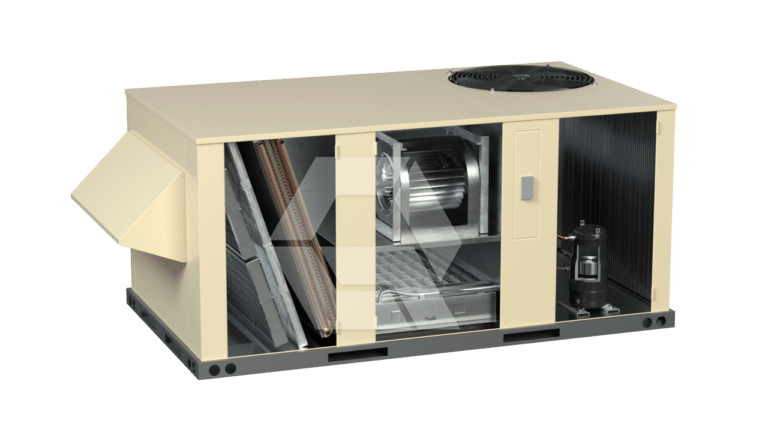 A beige HVAC rooftop unit with its panel removed, revealing internal components such as a fan, coils, compressor, and other mechanical parts, set against a plain white background.