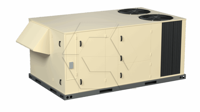 A beige industrial HVAC rooftop unit with ventilation grilles and two large black fans on top, placed on a gray base, against a plain white background.