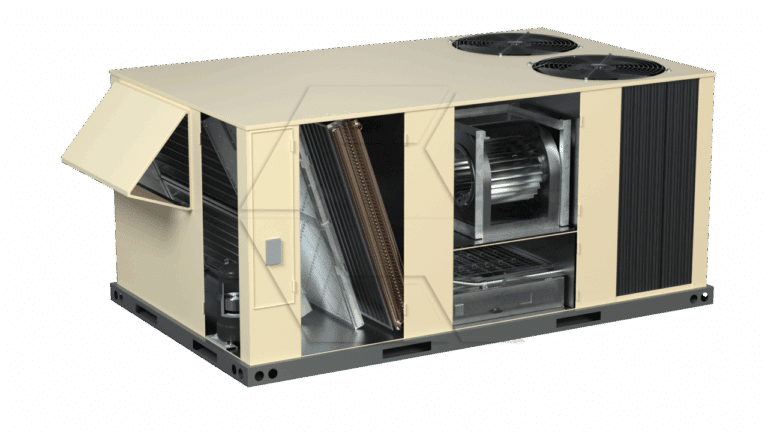 A beige rooftop HVAC unit with its panels open, revealing internal components such as the blower fan, heat exchanger, and coils. The unit has two visible external fans on the top.