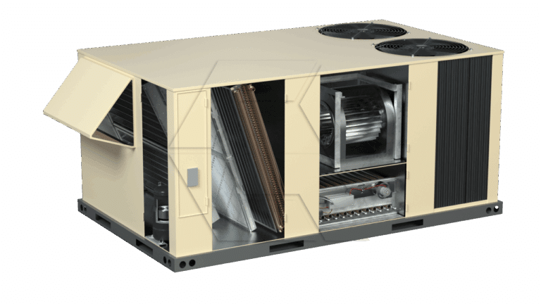 A large beige rooftop HVAC unit with panels open, revealing interior components like coils, fans, filters, and electrical parts, shown on a plain white background.