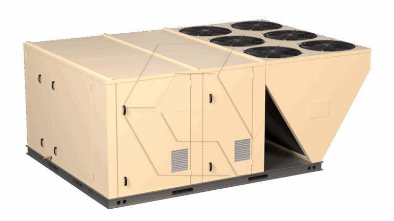 A large beige industrial HVAC rooftop unit with four black fan vents on top, metal access panels on the side, and a rectangular intake opening, shown on a gray base.