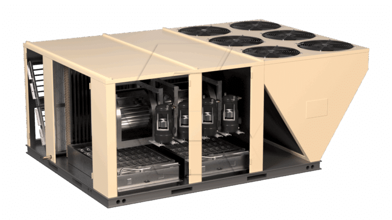 A large industrial HVAC rooftop unit with its panel open, revealing internal components such as compressors, coils, and fans on top, set against a plain background.