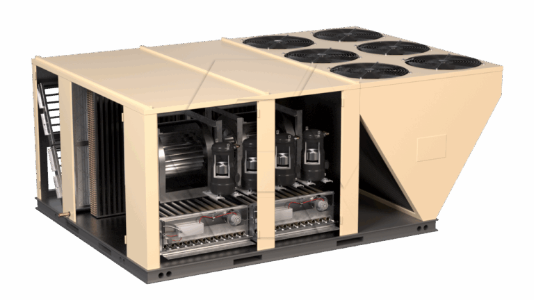 Beige industrial HVAC rooftop unit with multiple fans on top, two open panels revealing compressors, coils, and internal components, set against a plain white background.