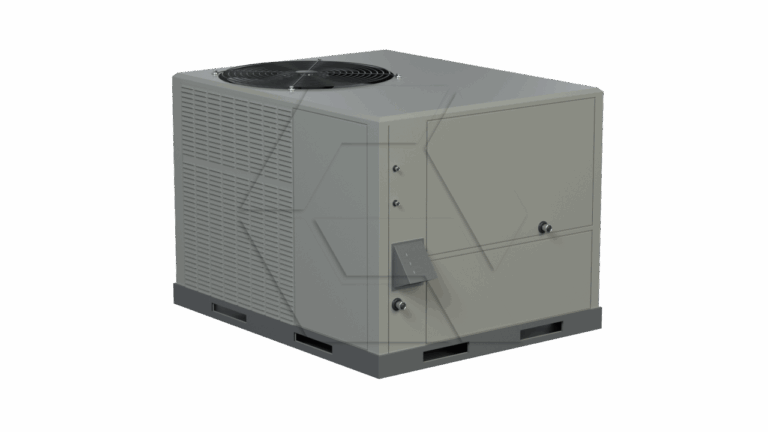 A gray, rectangular HVAC unit with a vented side, a large fan grill on top, and access panels on the front, placed against a plain white background.