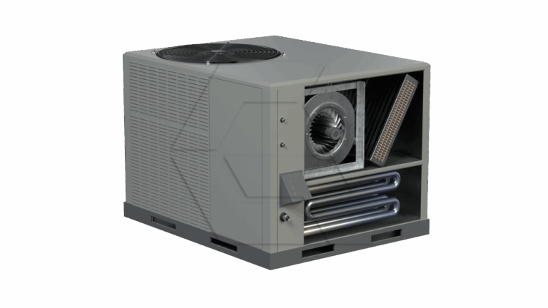 A gray HVAC unit with its side panel removed, exposing internal components like a fan, coil, metal piping, and filter, all set against a plain white background.