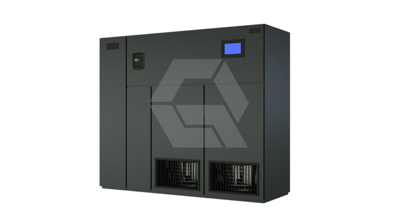 A large, dark gray industrial HVAC unit with two vented panels at the bottom, a control panel and a blue display screen at the top right, set against a plain white background.